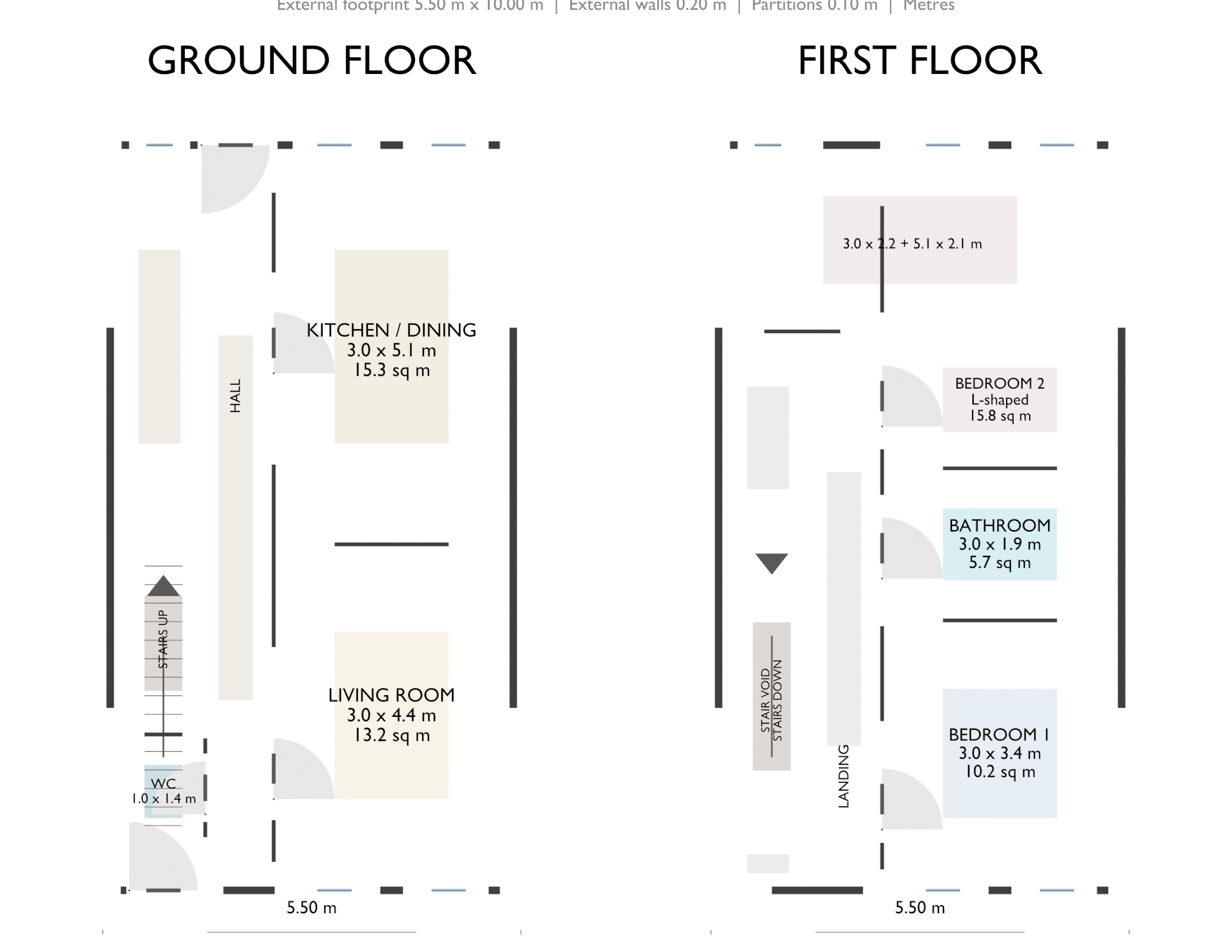 Earlier version of the floor plan, showing two plans side by side. The ground floor has a living room and kitchen/dining room with a hall between them, a WC beside the staircase, and a long landing. The first floor has two bedrooms either side of a central landing with a bathroom between them, and an L-shaped rear bedroom.